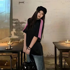 抖音得物品质二开240克宽松纯棉美式潮牌印花三条杠中性风短袖T恤，男装T恤，电商A486