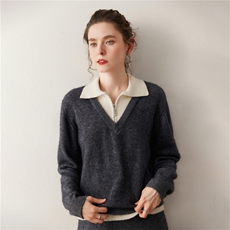 拼色翻领假两件针织套头衫时尚百搭，女装针织衫/毛衣，广悦羊绒