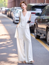 时尚气质套装女2025夏季新款设计感网纱拼接V领马甲阔腿裤两件套，女装套装/套裙，尚娜萱