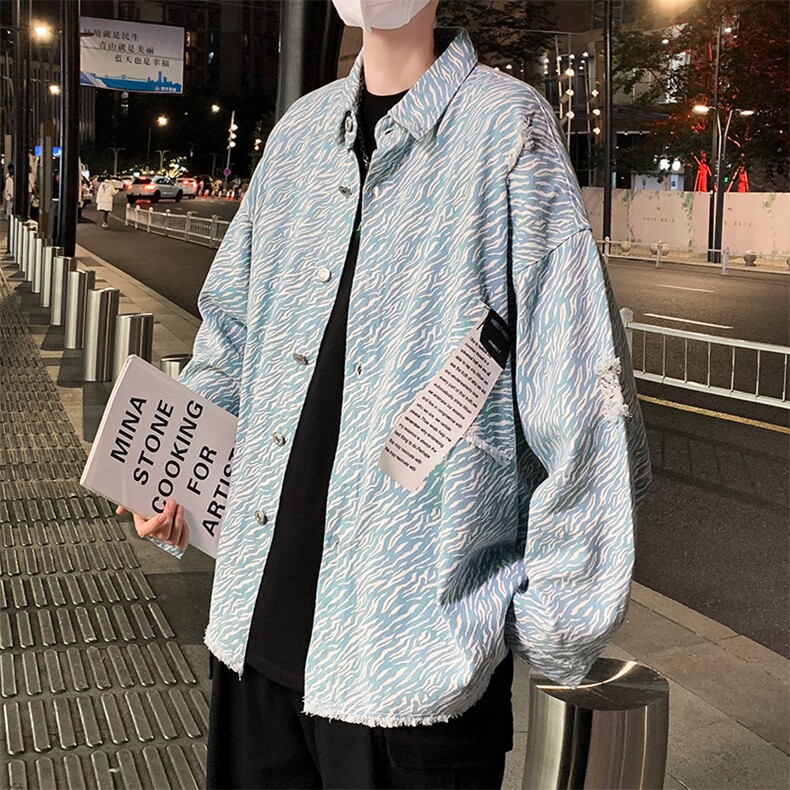 牛仔外套2023年新款工装宽松bf秋季斑马纹牛仔衣ins潮W1431-P55,男装衬衫,星座512-2