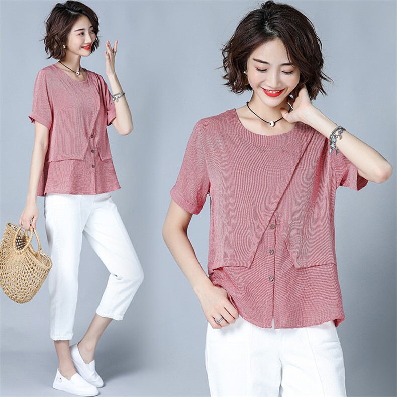 2025年新款女装夏季裤黄色短袖衬衫上衣短裤休闲时尚女，女装蕾丝衫/雪纺衫，风姿绰