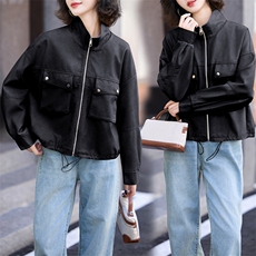 小众立领夹克上衣女2024秋季新款显瘦短款外套工装风棒球皮衣，女装皮衣，江南女神