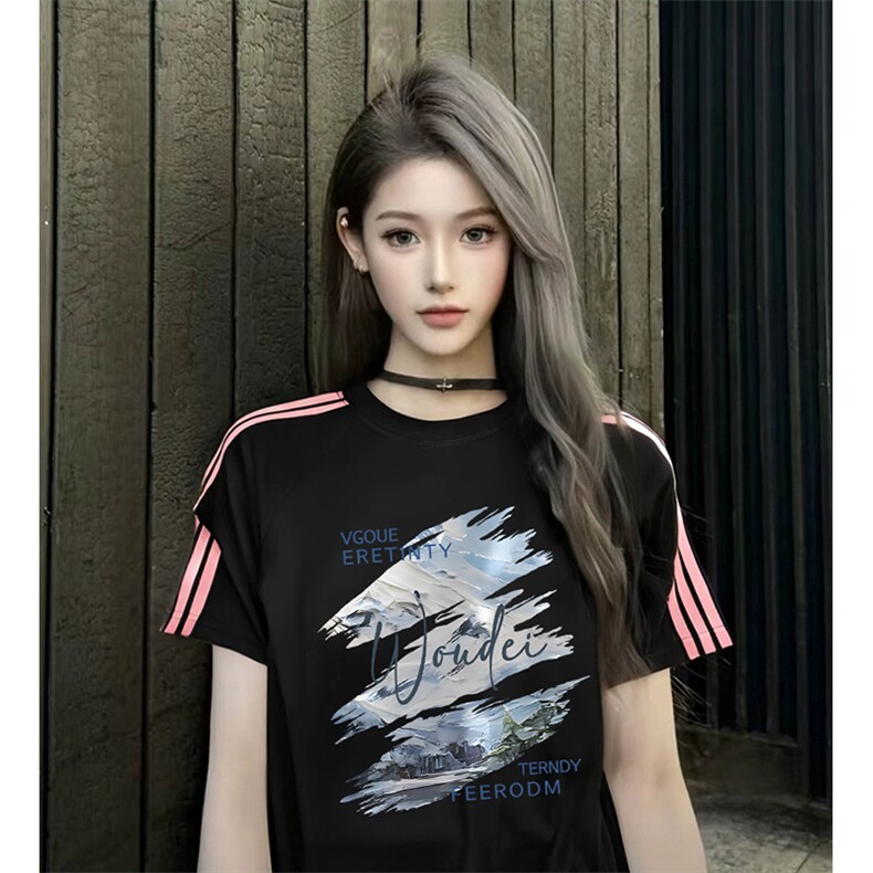 抖音得物品质二开240克宽松纯棉美式潮牌印花三条杠中性风短袖T恤,男装T恤,电商A486