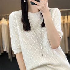 圆领套头纯色2024年秋季短袖时尚气质百搭羊毛针织衫，女装羊毛衫，暖圣羊羊绒