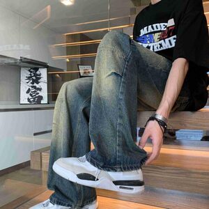 美式复古牛仔裤男宽松直筒裤高街百搭水洗做旧阔腿休闲长裤 K1137图片