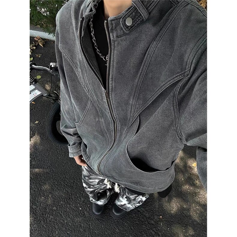美式水洗复古做旧拼接牛仔夹克男cleanfit简约高级设计感立领外套,男装工装外套,星座1210-1