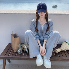 灰色韩系假两件连帽卫衣套装女2025春秋季新款休闲显瘦长裤两件套，女装套装/套裙，2C115