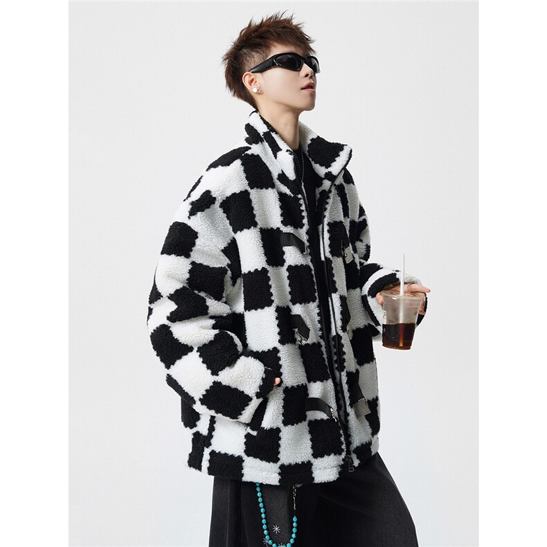 羊羔毛格子外套大码M-5XL加棉聚酯纤维棉衣YG78159P105控149，男装棉衣，星座227-7