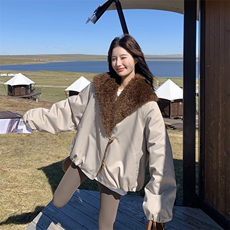 韩版大翻领工装派克服女2025年冬季新款宽松休闲加绒加厚保暖棉服，女装皮草，2B113