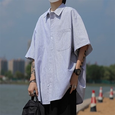 日系蓝色条纹短袖衬衫男款短袖夏季潮流痞帅宽松简约休闲学生衬衣，男装衬衫，星座601-2