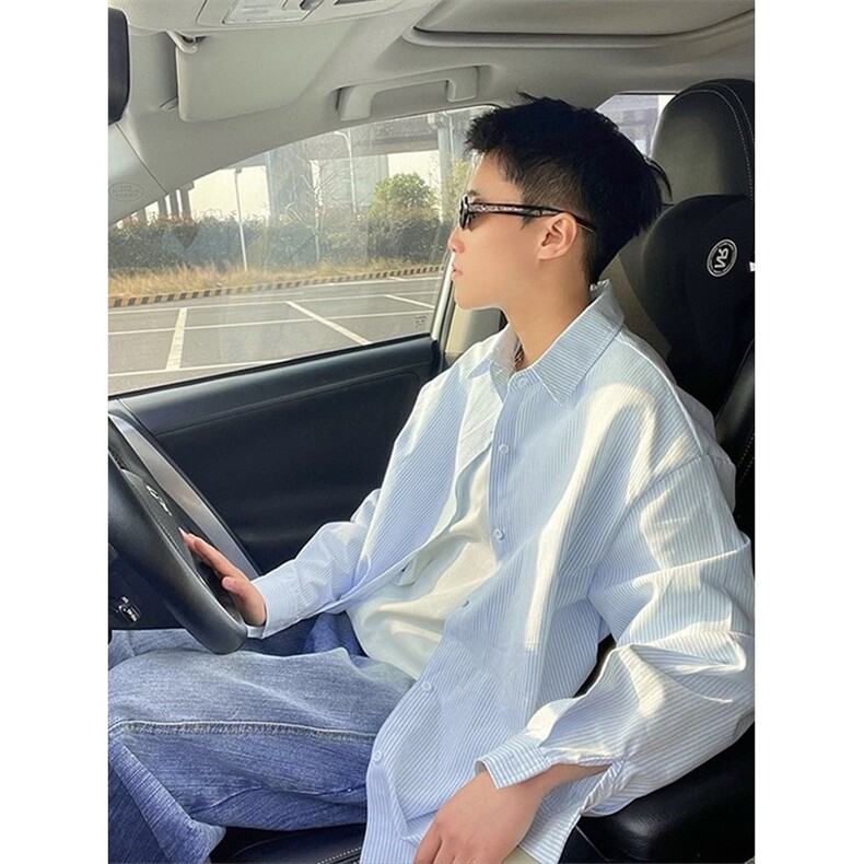 条纹长袖衬衫男美式潮牌宽松休闲开衫衬衣外套CS51-P36,男装衬衫,星座208-5