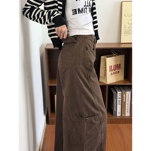 小个子复古美拉德咖色阔腿工装牛仔裤女新款辣妹高腰宽松直筒长裤图片