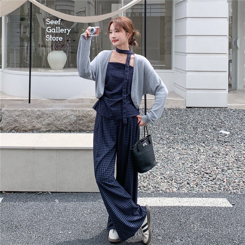 洋气时髦设计感复古格纹套装女2026春夏新款开衫吊带阔腿裤三件套,女装套装/套裙,艾米莉亚