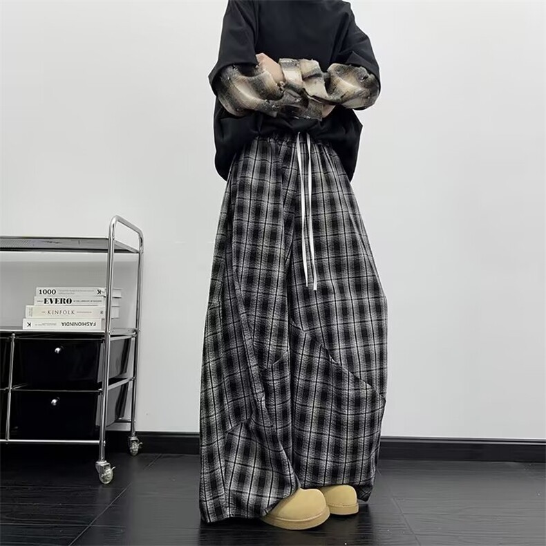 美式复古慵懒风双腰头拼接格子裤子男夏季爵士舞宽松阔腿裤休闲裤,男装休闲裤,星座813-2
