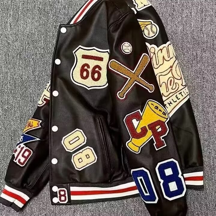 新款重工刺绣皮衣男休闲短款夹克棒球服短外套宽松上衣MM32P75,男装皮衣,星座1013-1