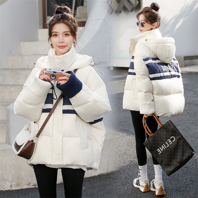 2023冬女潮款新款欧货撞色针织连帽宽松90白鸭绒加厚羽绒服，女装羽绒服，韩蜜菓