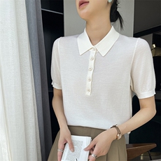 翻领常规短袖宽松型衬衫商务韩版上衣针织薄款t恤白色时尚休闲，女装衬衫，玖雪绒羊绒