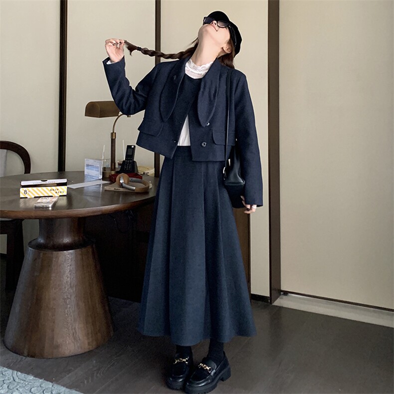 新品深蓝色小香风毛呢套装两件套7680-P195-K298,女装套装/套裙,2C159