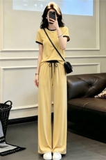 盐系穿搭休闲时尚运动套装女夏款圆领拼接短袖上衣阔腿长裤两件套，女装套装/套裙，江南