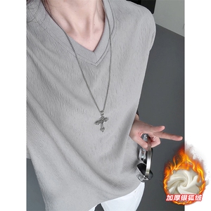 港风银狐绒男450g重磅肌理感长袖大码T恤T24509J加绒-特P33控65图片