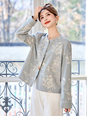 蓝色新中式国风刺绣外套女2025春秋新款独特漂亮减龄气质圆领上衣，女装短外套，沁沁公主