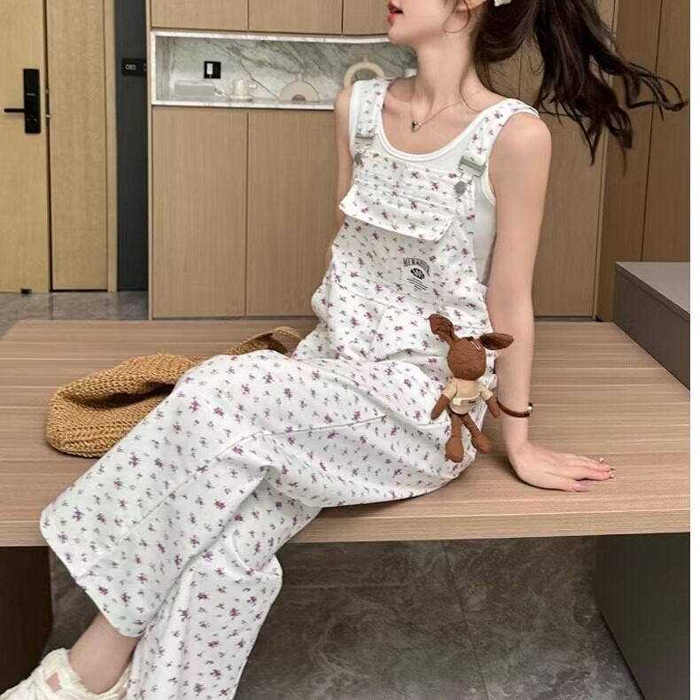 甜美新款碎花直筒白色背带牛仔裤女2025秋冬设计感休闲宽松阔腿裤,男装牛仔裤,星座506A