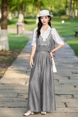 时尚洋气蕾丝拼接套装女2026夏季新款宽松遮肉显瘦阔腿裤两件套，女装套装/套裙，魅影