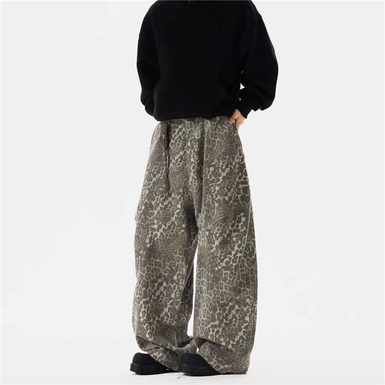 2025美式豹纹直筒裤男复古潮牌小众休闲裤废土风宽松显瘦裤子，男装休闲裤，星座715-4