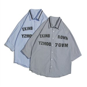 1白底竖条纹大码M-5XL日系潮流情侣七分袖衬衫男QCS7018P45控59图片