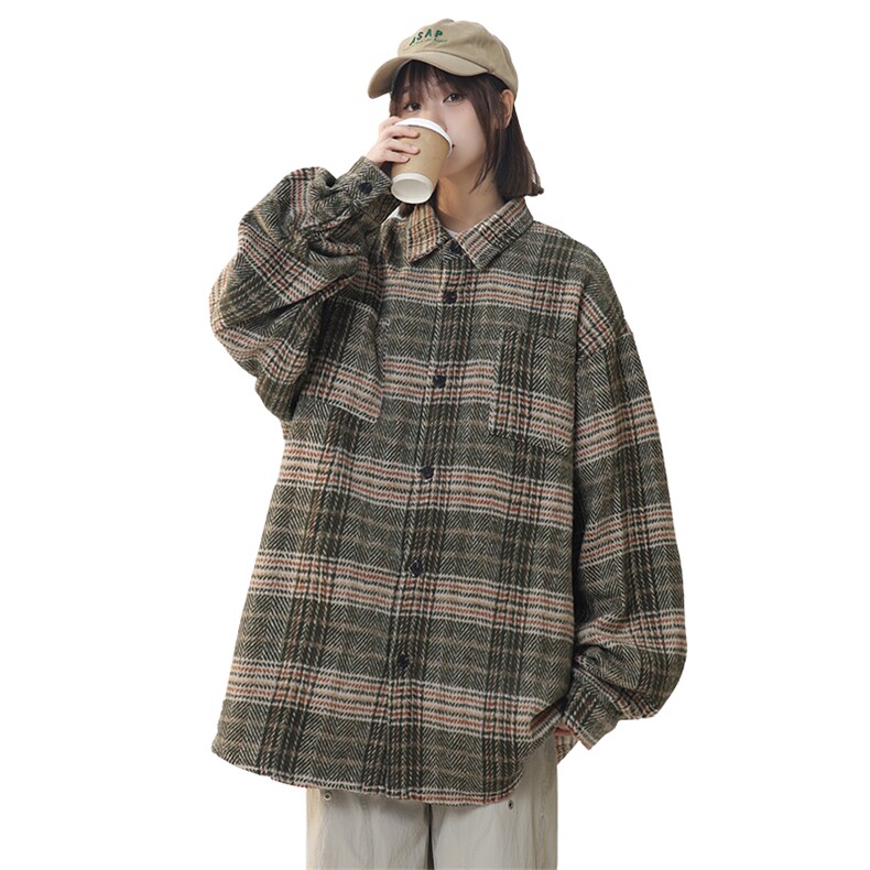 日系复古格子撞色长袖衬衫男女宽松毛呢格衬衣225-2-CS710-P58,男装衬衫,星座225-2