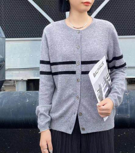 圆领横条羊毛开衫外套，其它，日の谷