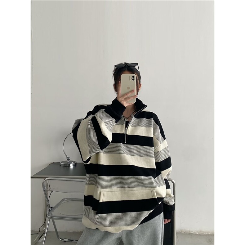 美式复古条纹卫衣女春秋季薄款宽松bf慵懒风小众长袖上衣WY8805,男装卫衣,星座208-5