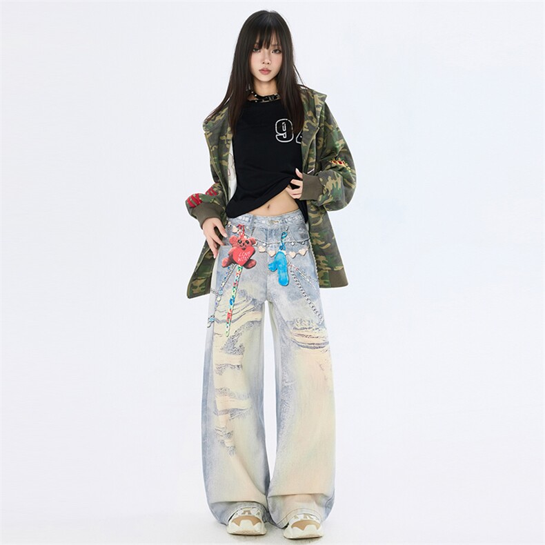 美式潮牌卡通3D涂鸦做旧休闲牛仔裤男女潮流直筒裤子YD9060-P75,男装牛仔裤,星座509