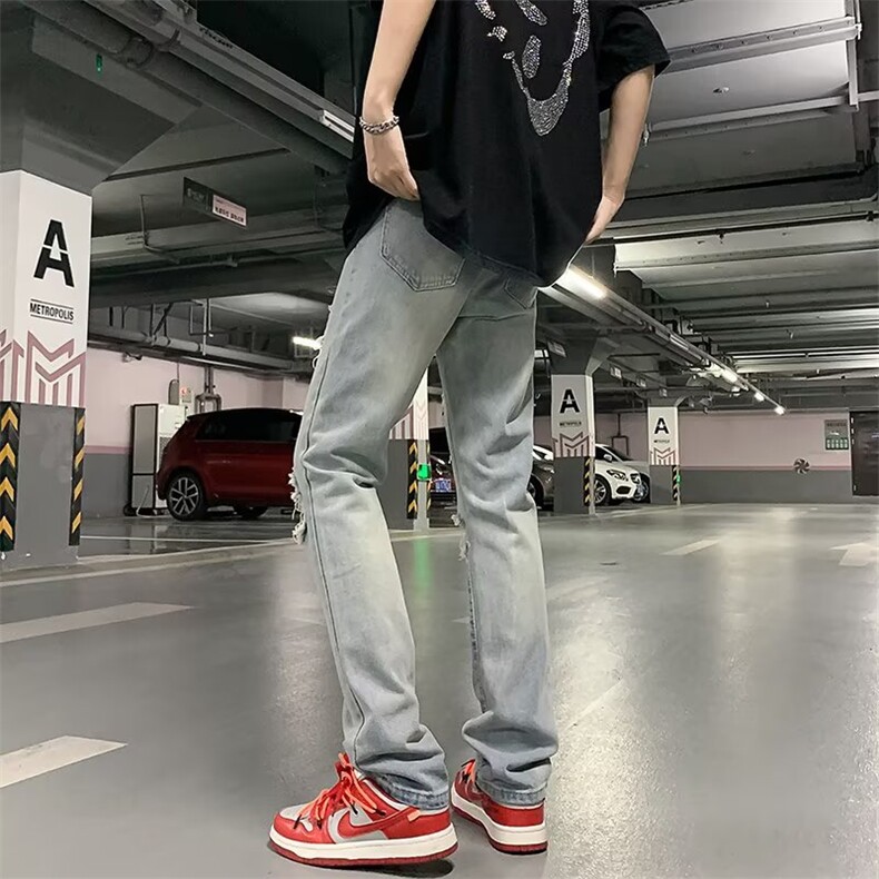 高街嘻哈膝盖破洞牛仔裤男街头潮水洗直筒vibe拉链乞丐裤N743P45,男装牛仔裤,星座1116-2