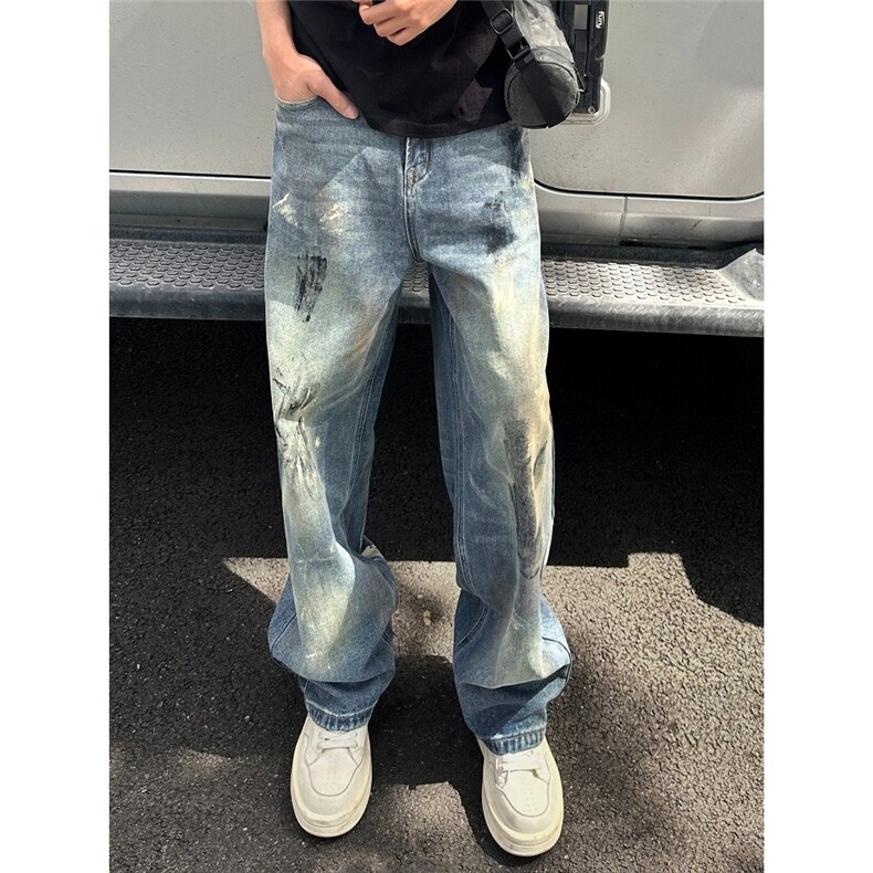 泼墨牛仔裤男秋冬潮痞帅炸街裤子做旧设计感直筒阔腿裤AM716P50,男装牛仔裤,星座1013-5