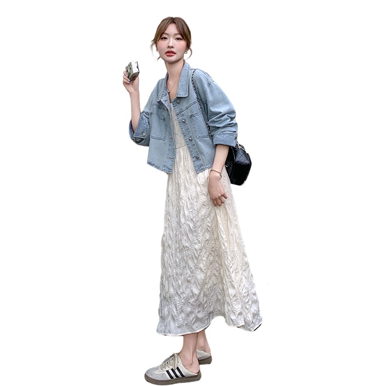 爱情魔鬼鱼套装女2025年夏季新款牛仔外套吊带长裙斜挎包三件套,女装套装/套裙,浙宝069