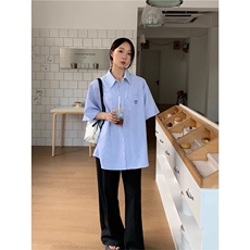 多巴胺笑脸刺绣短袖衬衣女男夏季潮牌宽松翻领条纹衬衫T恤ins，男装衬衫，星座506A