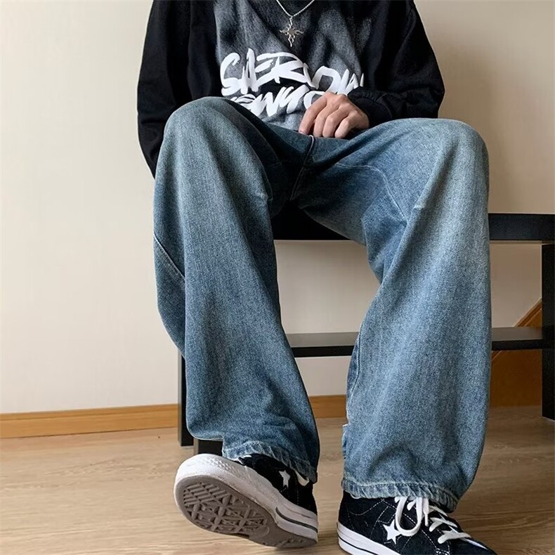日系街头复古水洗做旧直筒牛仔裤男女美式嘻哈宽松长裤N2831-P45,男装牛仔裤,星座1008-1