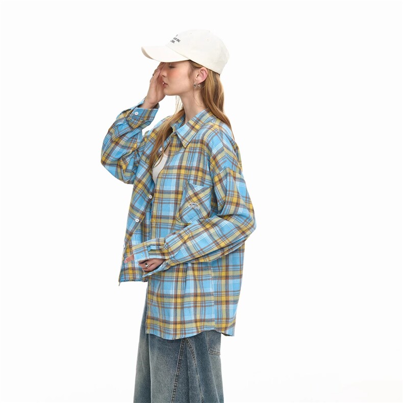 美式潮牌口袋刺绣格子衬衫男女春秋新款情侣款宽松外套,男装衬衫,星座410-6（原星座1304-1）