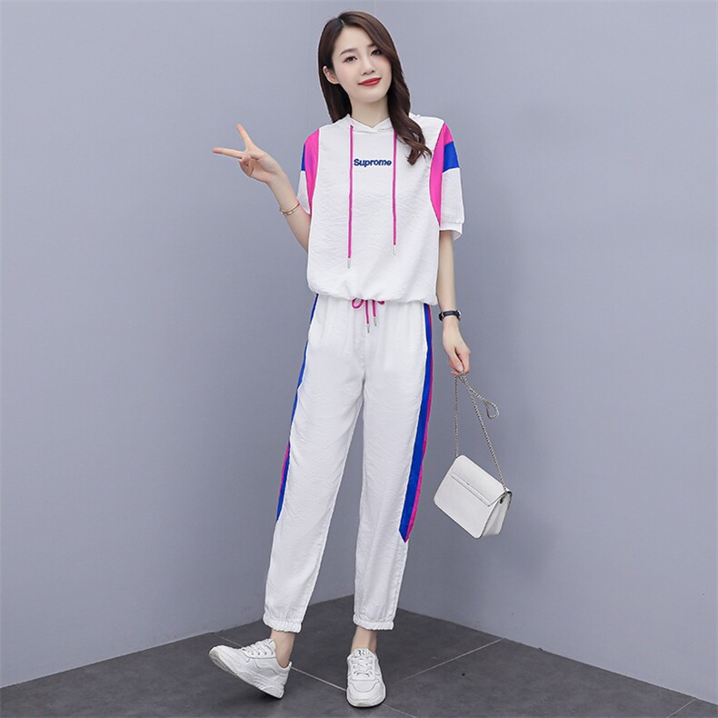 短袖时尚套装女2022夏季新款女装韩版休闲百搭撞色绣花两件套裤潮,女装套装/套裙,慧尚依恋