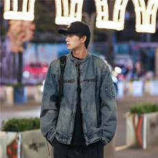 美式复古做旧水洗质感宽松牛仔外套男立领拉链外套A043P80，男装工装外套，星座1116-2