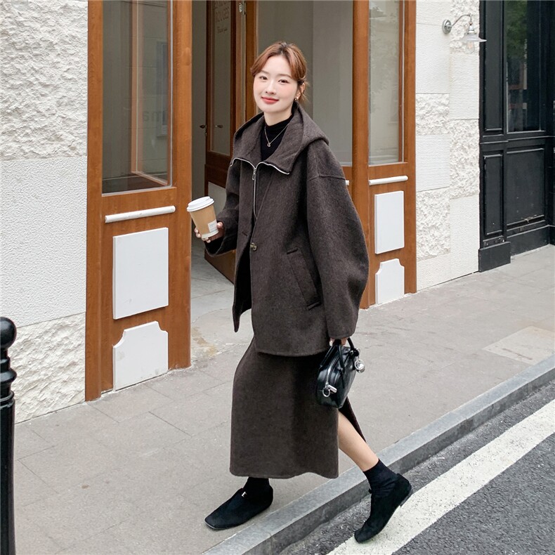 淡人气质感羊绒时尚套装裙女2025年冬季连帽马甲大衣半身裙三件套,女装羊绒大衣,2D078