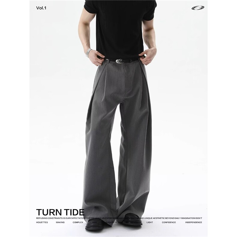 网图不规则腰头廓形双层褶直筒西裤男宽松通勤垂感阔腿裤，男装西裤，星座813-3