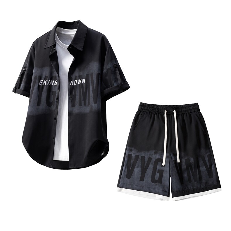 冰丝字母印花设计M-5XL大码短袖衬衫套装TZ77856P58控98立体白底，男装休闲套装，星座227-7