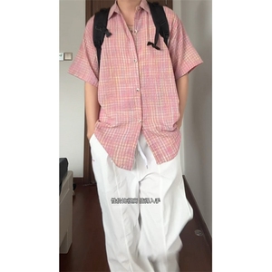 现货  CS21-特P32   夏季薄款男女宽松格子短袖衬衫半袖寸衣外套图片