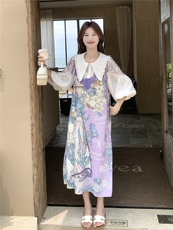 印花套装女夏季2026新款法式娃娃领衬衫蕾丝刺绣领口吊带裙两，女装连衣裙，艾米莉亚