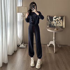 女春秋新款慵懒风深蓝色卫衣卫裤套装图片