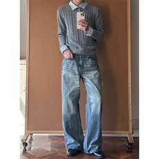 cleanfit老钱风绞花假两件拼接条纹长袖毛衣针织衫~MY2595批78，男装针织衫/毛衣，星座1411A-6