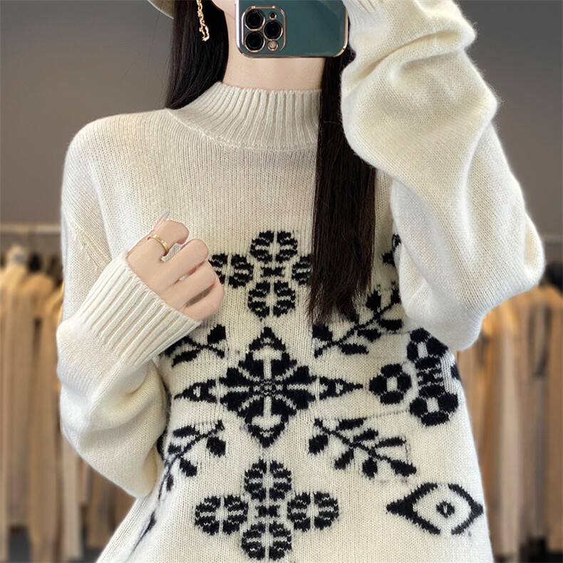 秋冬半高领100%纯羊毛衫女雪绒花拼色针织加厚毛衣宽松打底羊绒衫,女装羊毛衫,端硕羊绒