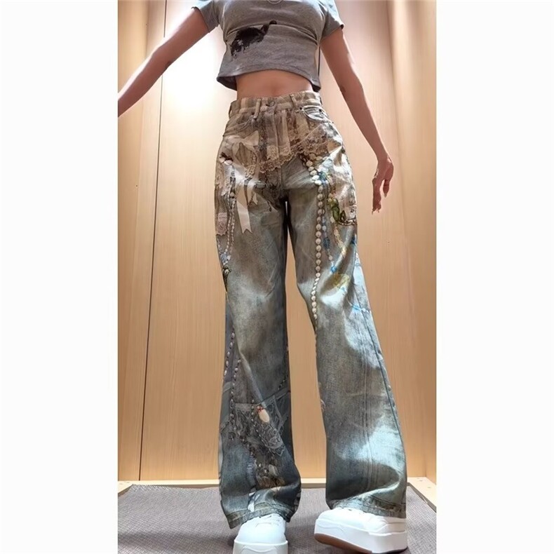 H202-P532025新款高腰牛仔裤女潮夏季新款重工破洞直筒裤,男装牛仔裤,电商B323A